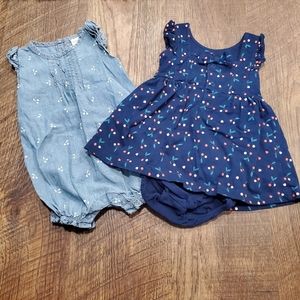 Carters 2 Baby Girl Cotton Cherry Print Navy Blue Dress Chambray Romper Casual 6